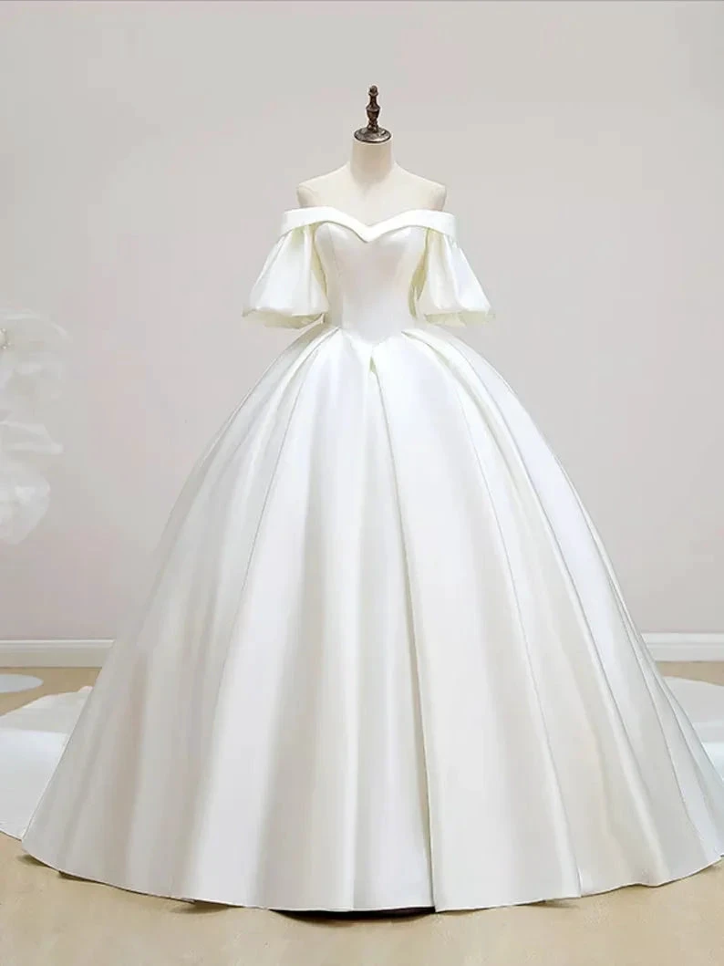 Simple Off-Shoulder Short Sleeves Wedding Dress Satin Chapel Train Ball Gown Bridal Dress Y2388 by simplepromdress