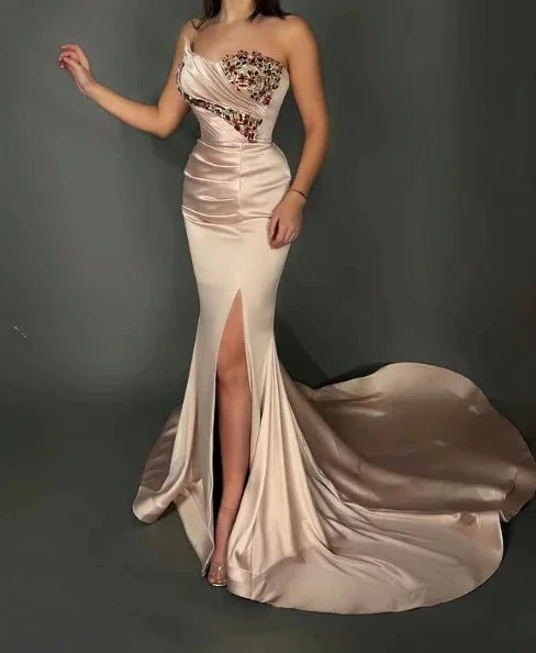 Gorgeous Strapless Satin Beaded Mermaid Slit Evening Dress Long Prom Dress Y8533 by simplepromdress