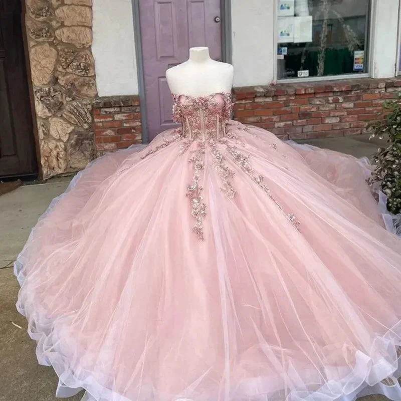 Pink Tulle Floral Appliques Ball Gown Sweet 16 Dress Y527 by simplepromdress