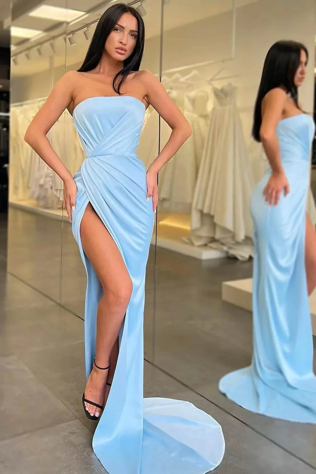 Light Blue Long Mermaid Evening Dress Strapless Split Y370 by simplepromdress