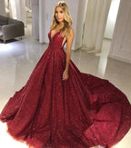 A-line Off-the-shoulder V-neck Burgundy Sequins Evening Dress by BIZTUNNEL