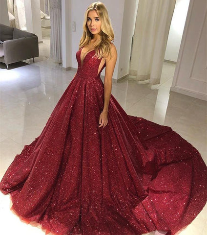 A-Linien-Abendkleid mit schulterfreiem V-Ausschnitt und burgunderroten Pailletten