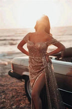 Off-The-Shoulder Mermaid Prom Dress With Split Sequins by BIZTUNNEL