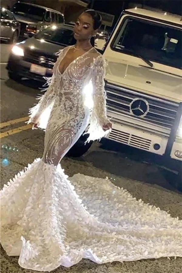 Long Sleeves Sexy Sequins V-Neck Mermaid Prom Dress with Applique by BIZTUNNEL