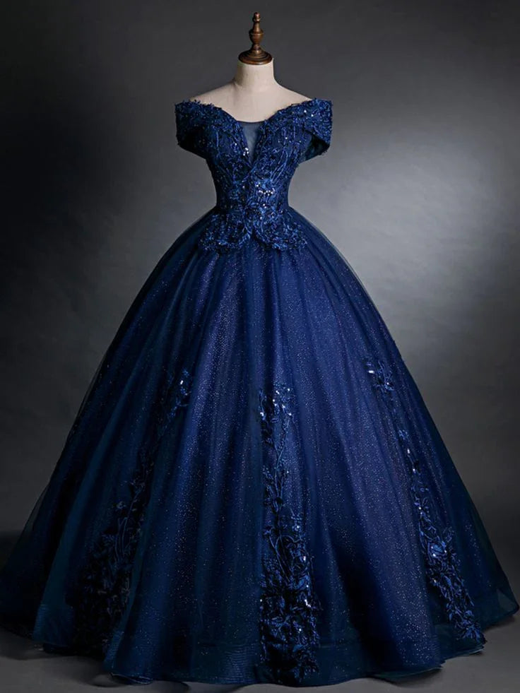 Beautiful Navy Blue Appliques Beaded Ball Gown Off The Shoulder Evening Dress Y7677 by simplepromdress