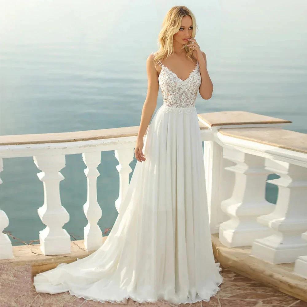 Spaghetti Straps Wedding Dress Elegant Lace Appliques Bridal Gown V Neck Backless Chiffon Robe De Mariée Custom Made by payinti