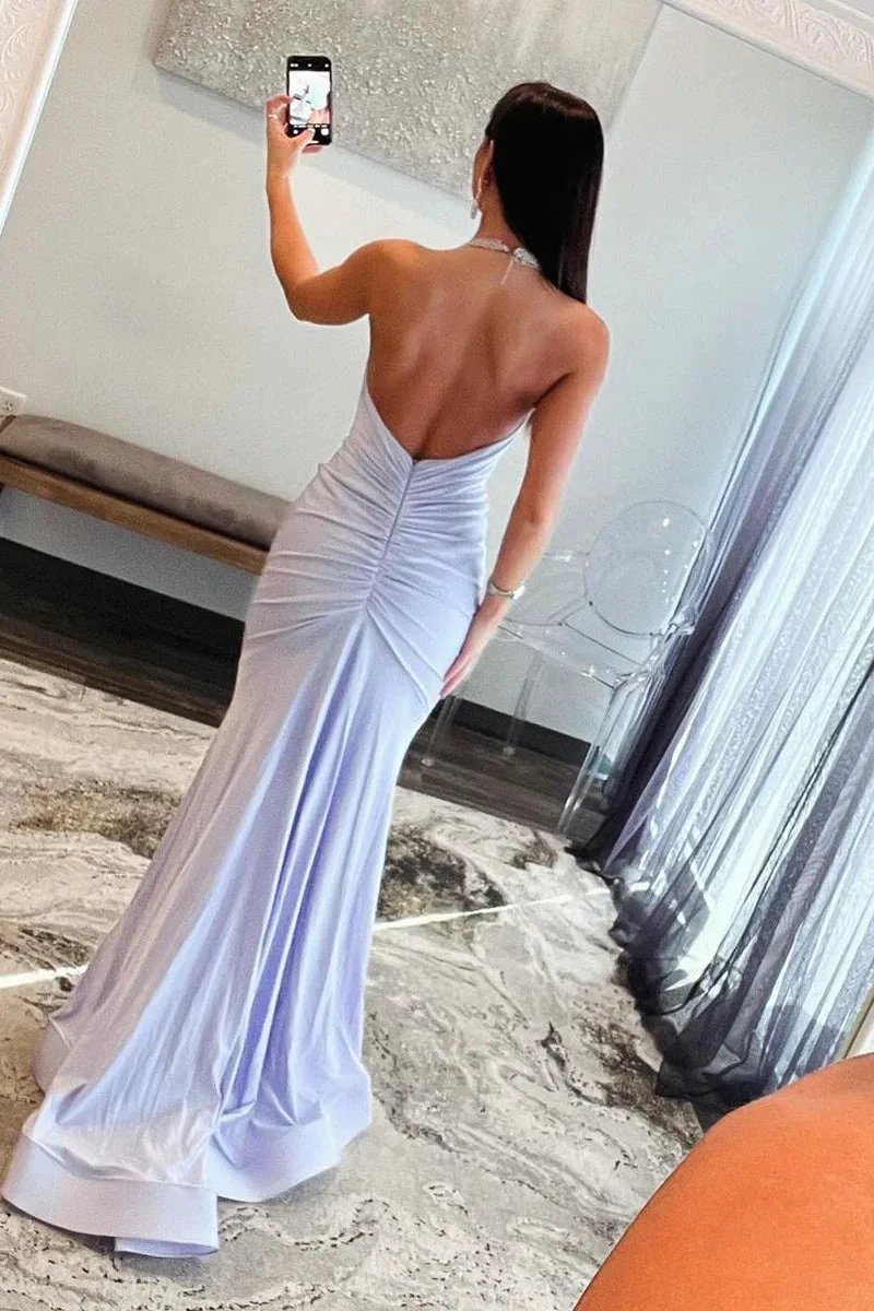 Light Lilac Halter Satin Mermaid Long Prom Dresses with Beading by Kissprom