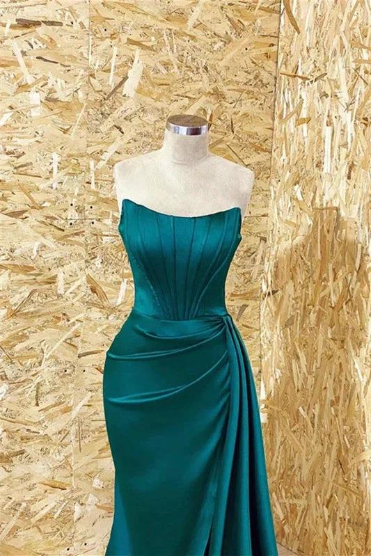 Stunning Long Strapless Mermaid Ruffles Satin Prom Dresses by BIZTUNNEL