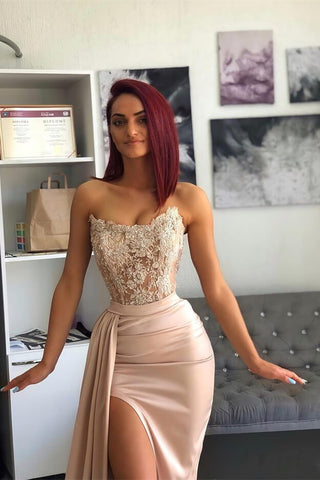 Long Mermaid Sweetheart Applique Lace Prom Dress with Slit