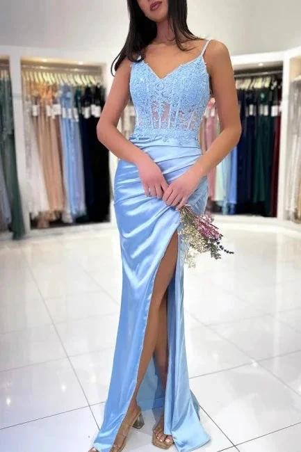 Fashionable Long Sky Blue Mermaid Spaghetti Straps Lace Prom Dress with Slit by misshow.com
