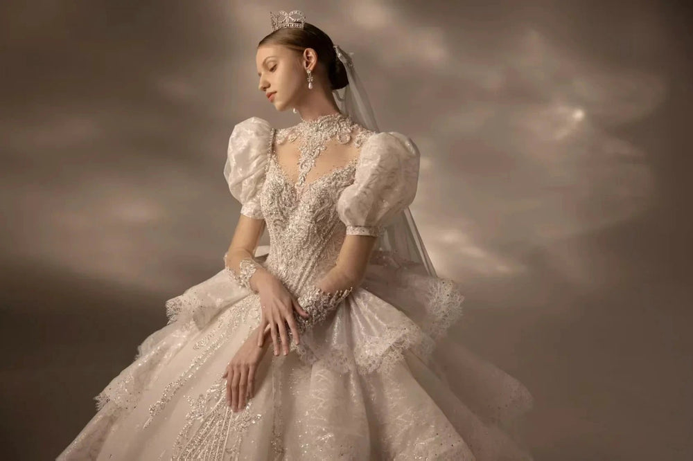 Regal High Neck Puff Sleeve Tulle Wedding Dress with Sequin Embroidery & Layered Ruffle Train Q6020 by ZAPDRESS