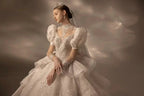 Regal High Neck Puff Sleeve Tulle Wedding Dress with Sequin Embroidery & Layered Ruffle Train Q6020 by ZAPDRESS