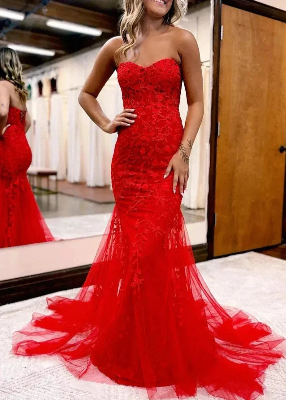 Pink Mermaid Sweetheart Neck Lace Long Prom Dress With Appliques by KissProm