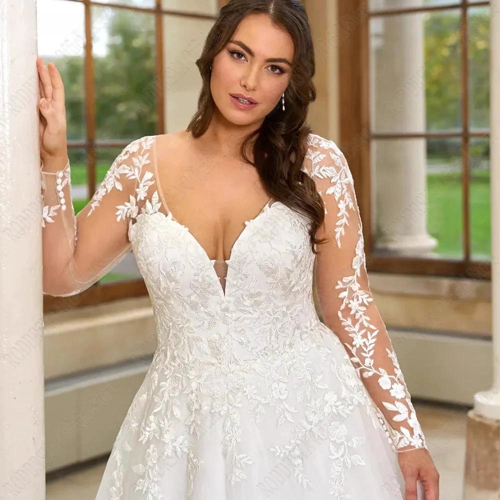 Pastrol Wedding Dresses Plus Size Long Sleeves Lace Up Bride Gowns Applique A-Line Tulle V-Neck vestido de noiva by payinti