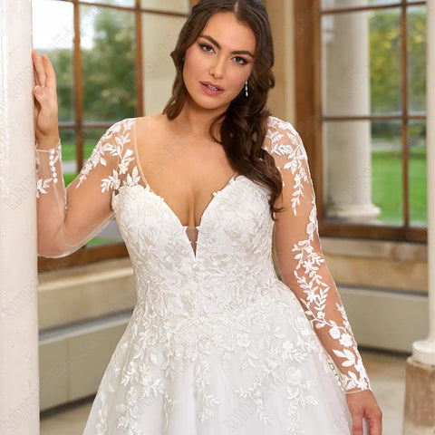 Pastrol Wedding Dresses Plus Size Long Sleeves Lace Up Bride Gowns Applique A-Line Tulle V-Neck vestido de noiva