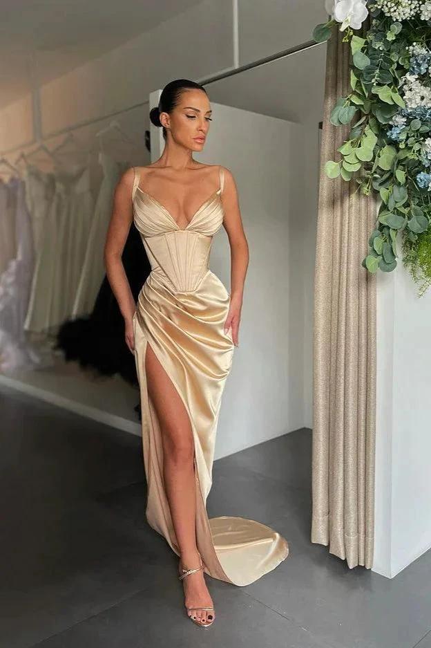 Spaghetti Straps Sleeveless V-Neck Split Prom Dress by BIZTUNNEL
