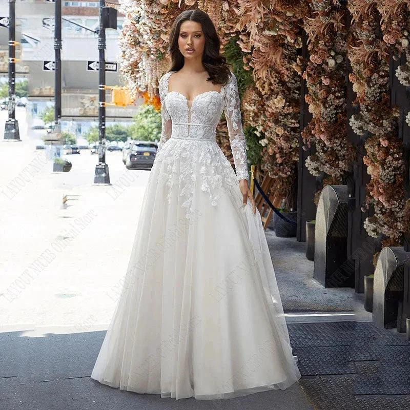 Wedding Dress A Line Removable Long Sleeve Bride Elegant Open Back Lace Bridal Gown Applique Tulle Vestido De Noiva by payinti