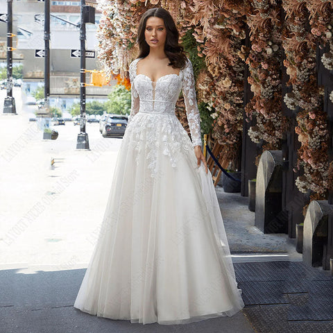 Wedding Dress A Line Removable Long Sleeve Bride Elegant Open Back Lace Bridal Gown Applique Tulle Vestido De Noiva