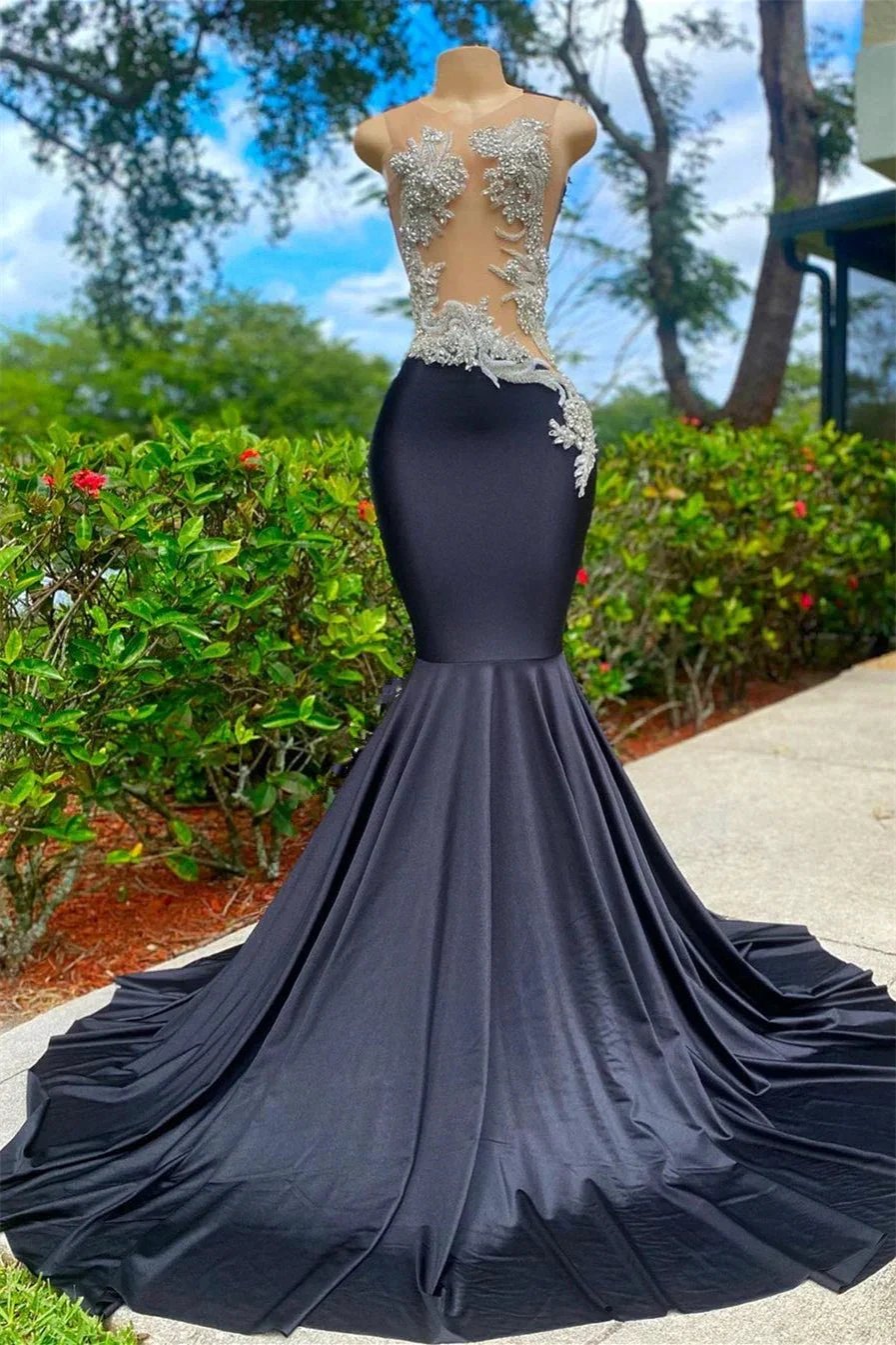 Black Long Sleeveless Strapless Satin Lace Appliques Mermaid Prom Dress by BIZTUNNEL