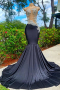 Black Long Sleeveless Strapless Satin Lace Appliques Mermaid Prom Dress by BIZTUNNEL