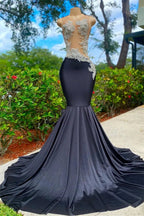 Black Long Sleeveless Strapless Satin Lace Appliques Mermaid Prom Dress by BIZTUNNEL
