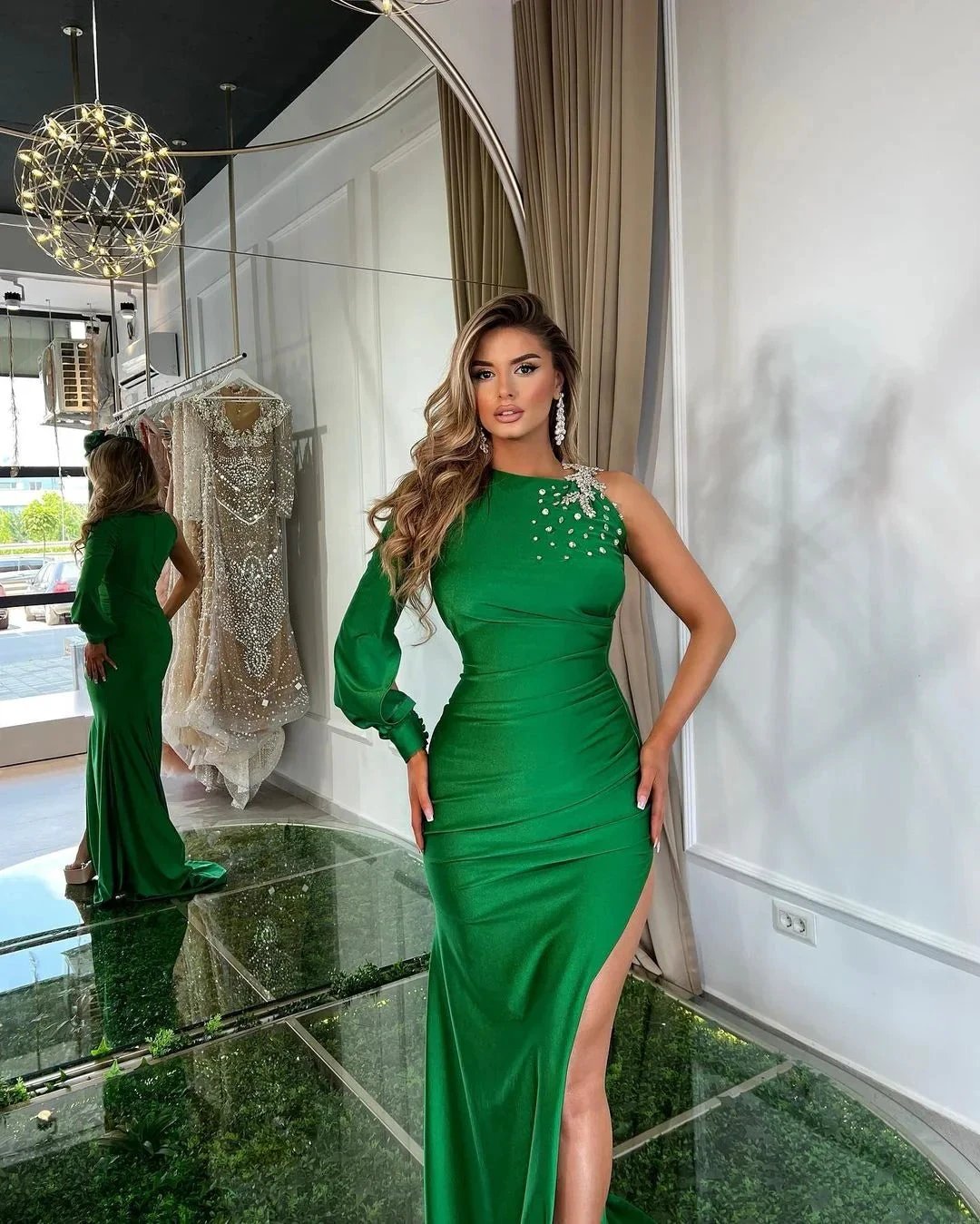 One Shoulder Green Satin Mermaid Prom Dress with Slit and Rhinestone by BIZTUNNEL