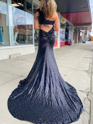 Einschultriges, funkelndes, einzigartiges schwarzes Meerjungfrau-Ballkleid