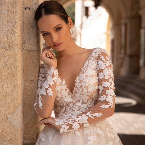 Exquisite Wedding Dresses Long Sleeves Sexy Backless Bride Gowns Applique Princess Tulle A-Line vestidos de novia