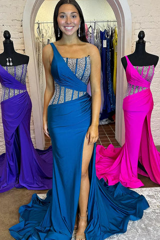 Laylani | Blaues Meerjungfrau-Ballkleid mit einer Schulter und Perlen
