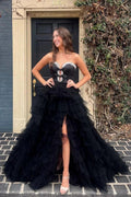 Peggy | Black Strapless Bow Ruffle Long Prom Dress with Slit by KissProm