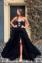 Peggy | Black Strapless Bow Ruffle Long Prom Dress with Slit by KissProm
