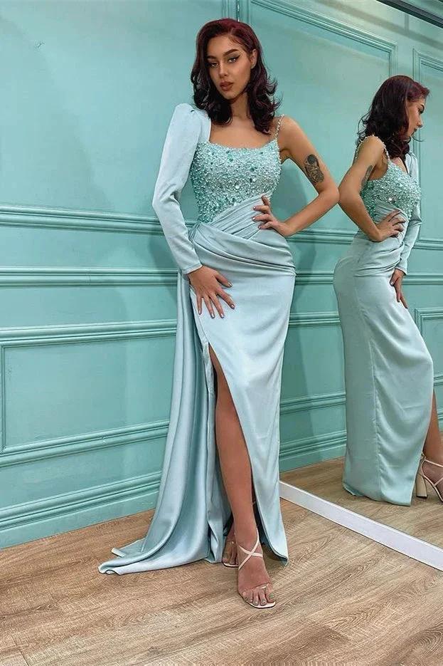 Long Sleeves Sequins Mermaid Satin Prom Dress with Slit by BIZTUNNEL