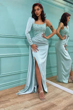 Long Sleeves Sequins Mermaid Satin Prom Dress with Slit by BIZTUNNEL