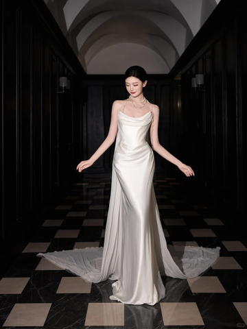 Vestido de fiesta elegante de sirena en satén blanco de gasa, vestido de novia largo sin tirantes Y8591