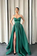 Long A-Line Satin Spaghetti Straps V-Neck Front Slit Prom Dress With Pockets by BIZTUNNEL