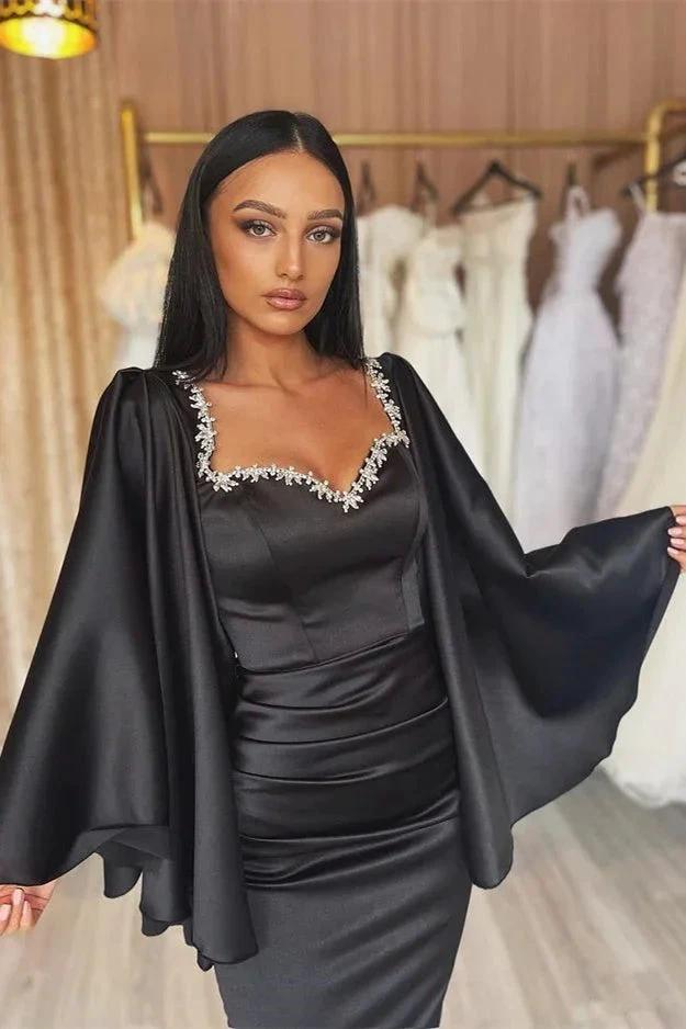 Black Long Off the Shoulder Mermaid Satin Prom Dress with Sleeves by BIZTUNNEL