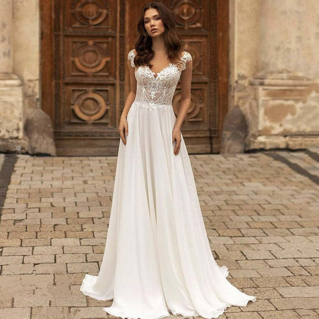 #001 Modern V-Neck Wedding Dresses Lace Appliques Chiffon Backless Boho A-Line Bride Gown Backless Sweep Train Vestido de novia Hover Image