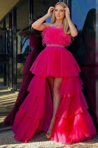 Marie| Fuchsia A-line High-Low Strapless Ruffled Tulle Prom Dress with Feathers by KissProm