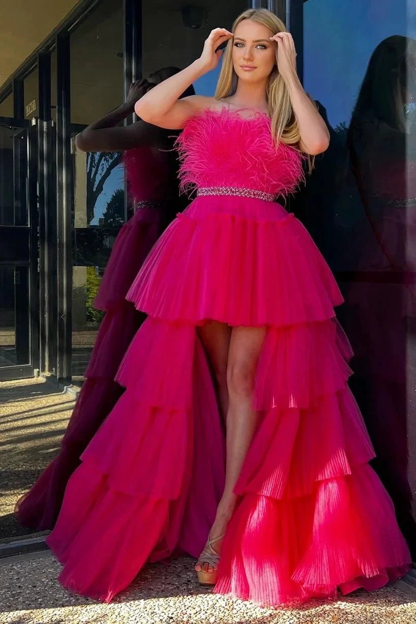 Marie| Fuchsia A-line High-Low Strapless Ruffled Tulle Prom Dress with Feathers by KissProm