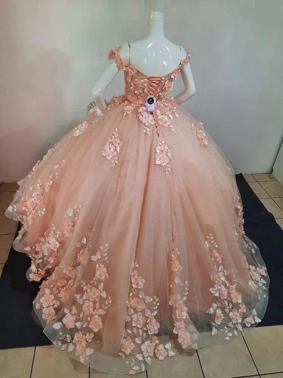 Peach Dress Sweet 15 16 Dress Off Shoulder Princess Lace Up Ball Gown Y2686 by simplepromdress
