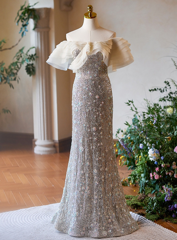 Vestido de fiesta de lujo con lentejuelas y cuentas de sirena plateada, vestido formal de noche Y7614