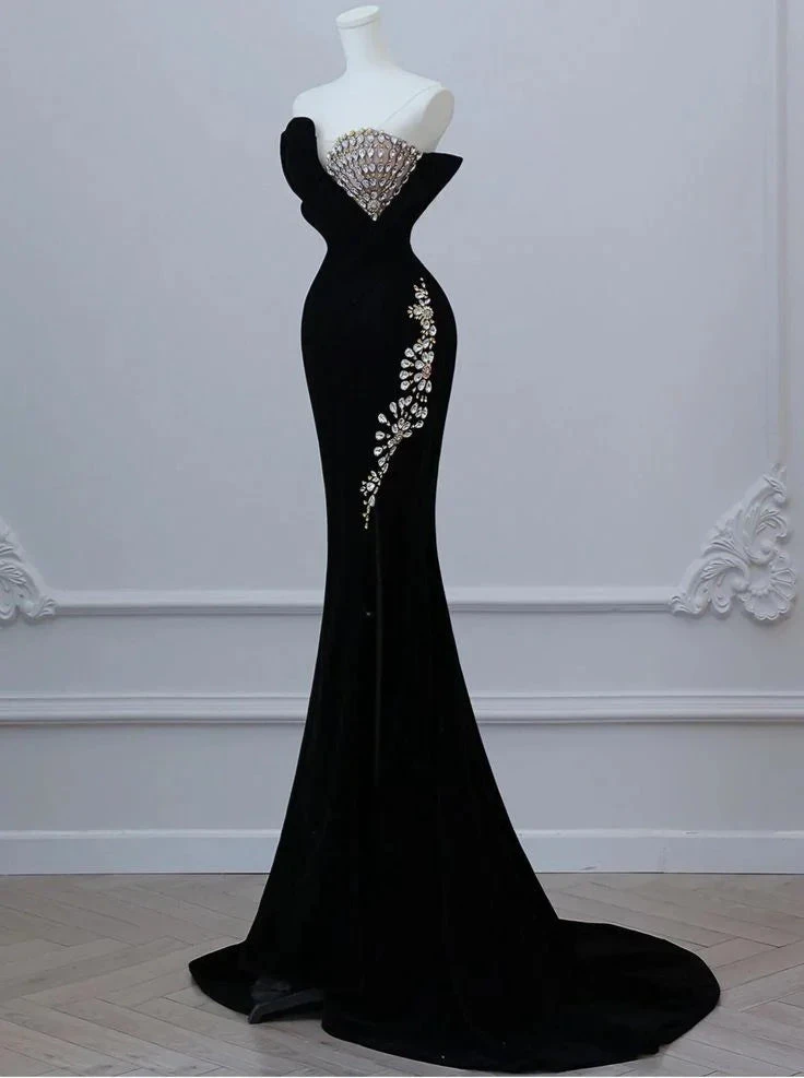 Black Luxurious Velvet Beaded Evening Dress Long Prom Dress Y7675 by simplepromdress