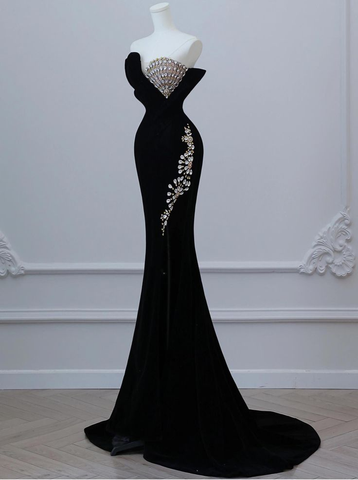 Vestido de noche largo de terciopelo negro con cuentas, vestido de fiesta Y7675