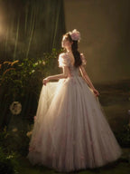 Romantic Lavender-Pink Sweetheart Tulle Ball Gown with 3D Floral Puff Sleeves by ZAPDRESS