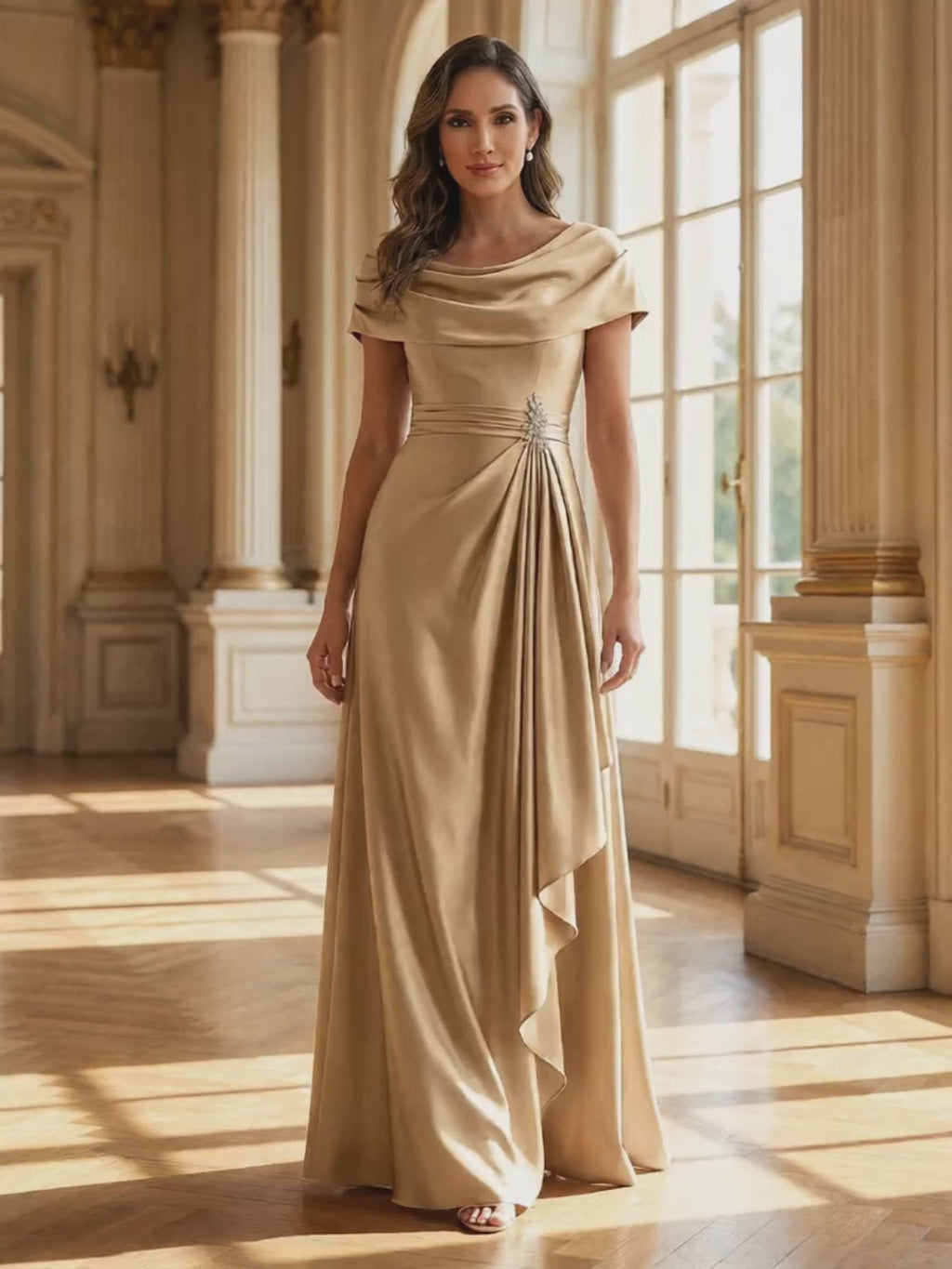 A-Line Scoop Neck Ruched Floor-Length Mother of the Bride Dresses with Ruffle (SHI22500216)