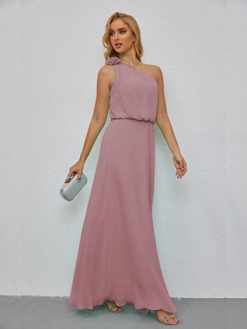 Ruffled One Shoulder Sleeveless Long Bridesmaid Dresses A-line Formal Evening Gown Side Split 28080
