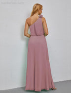 Ruffled One Shoulder Sleeveless Long Bridesmaid Dresses A-line Formal Evening Gown Side Split 28080 by numbersea