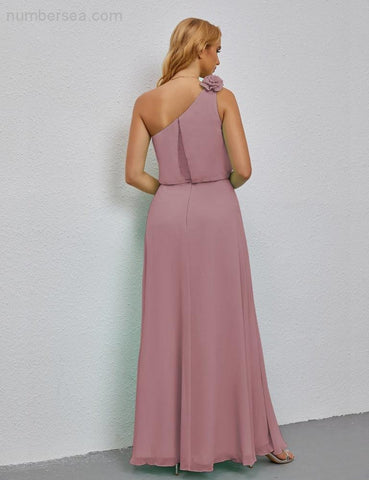 Ruffled One Shoulder Sleeveless Long Bridesmaid Dresses A-line Formal Evening Gown Side Split 28080
