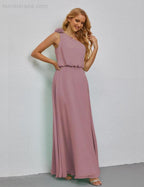 Ruffled One Shoulder Sleeveless Long Bridesmaid Dresses A-line Formal Evening Gown Side Split 28080 by numbersea