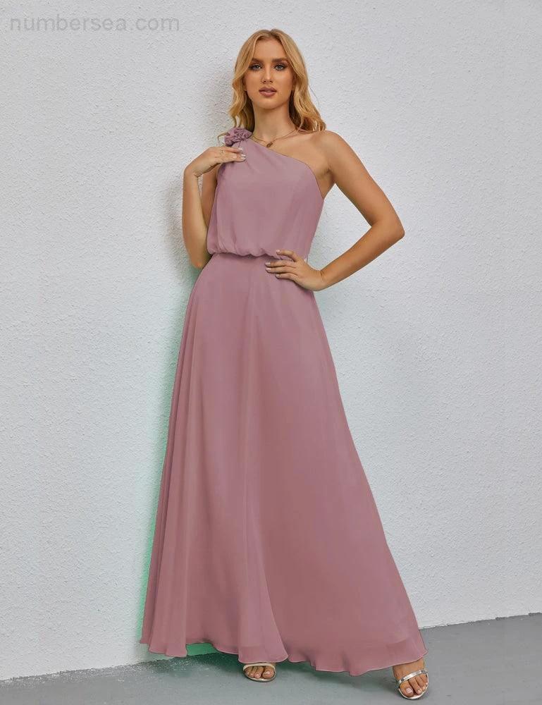 Ruffled One Shoulder Sleeveless Long Bridesmaid Dresses A-line Formal Evening Gown Side Split 28080 by numbersea